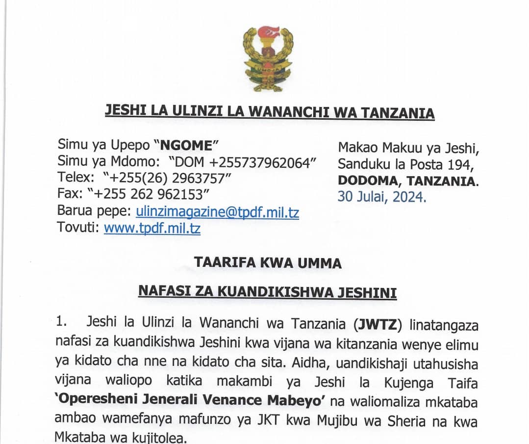 NAFASI ZA KUANDIKISHWA JESHINI